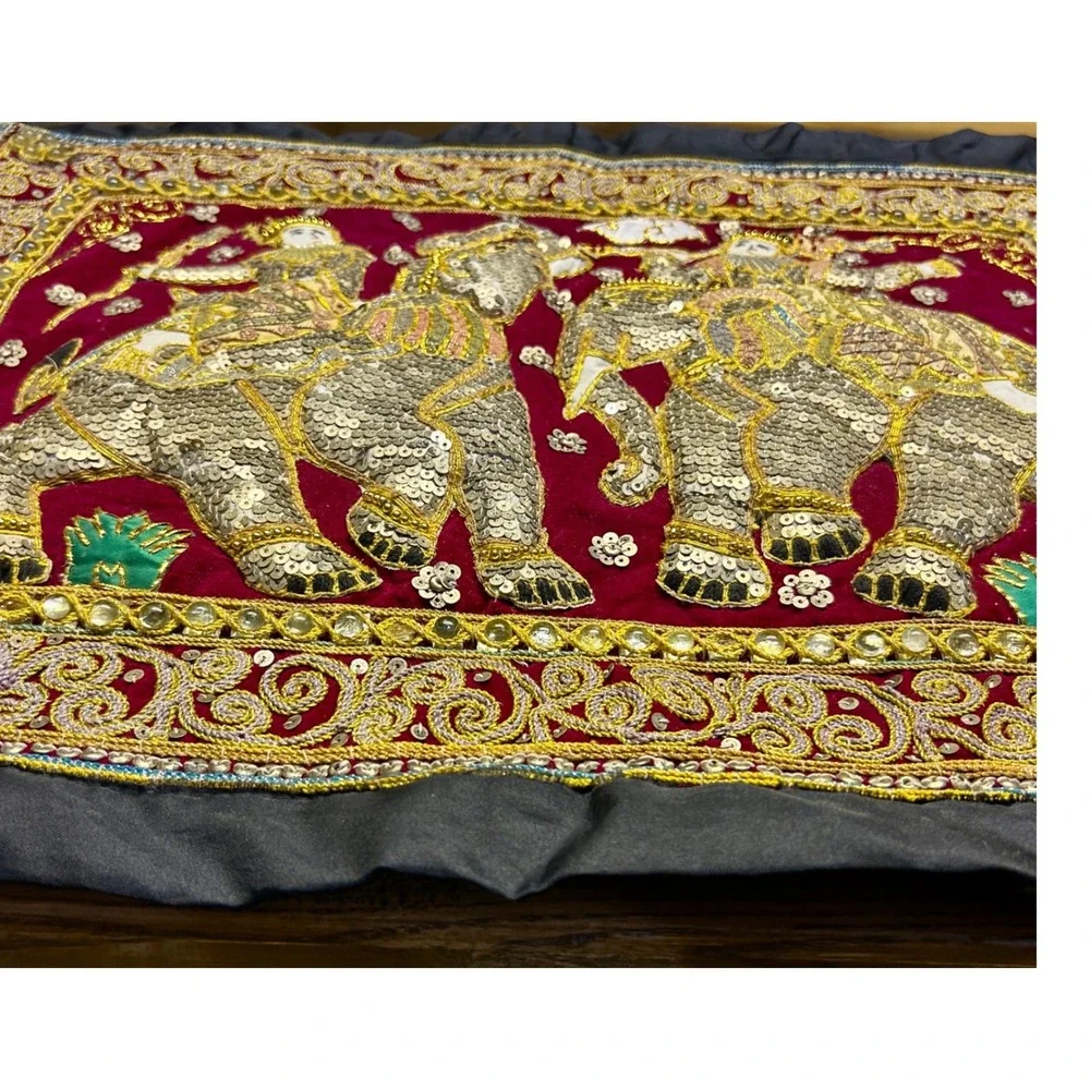 Vintage Kalaga Tapestry Velvet beaded wall scroll Gold Elephant Embroidery